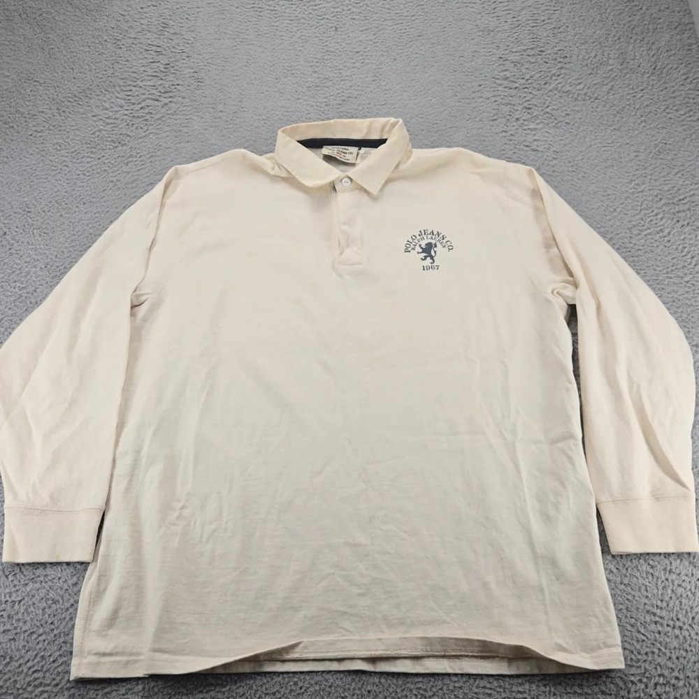 Ralph Lauren Polo Jeans Shirt Mens XL Tan Vintage Large Print 67 Spellout Y2K